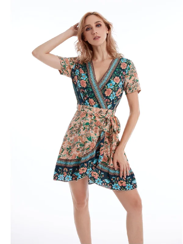 KittenAlarm - Boho Print Self Waist Tie Ruffled Trim Dress