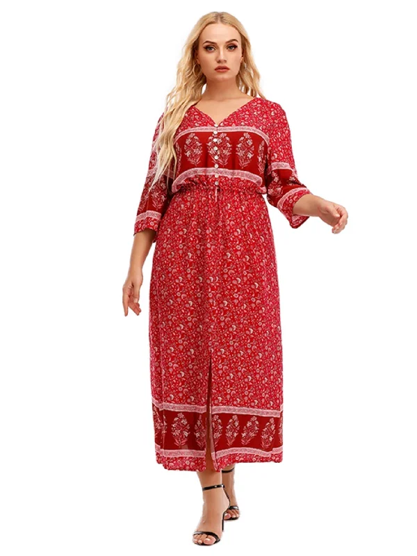 KittenAlarm - Plus Size Boho Print Elastic Waist Split Dress