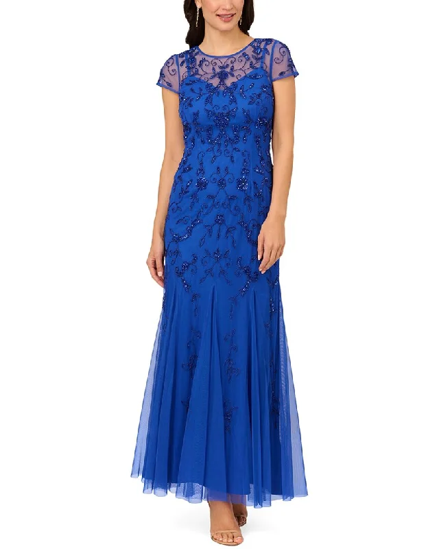 Adrianna Papell Beaded Mesh Illusion Godet Long Dress