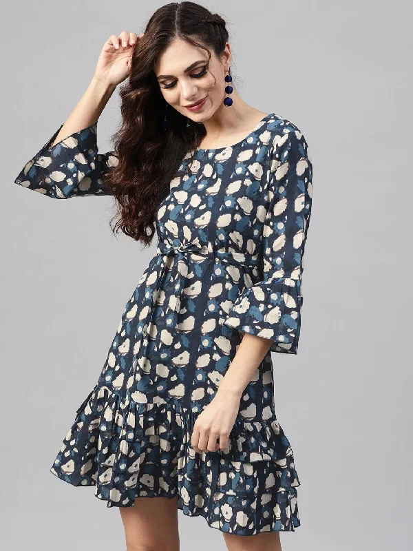 Women's  Blue Printed Drop-Waist Dress - AKS