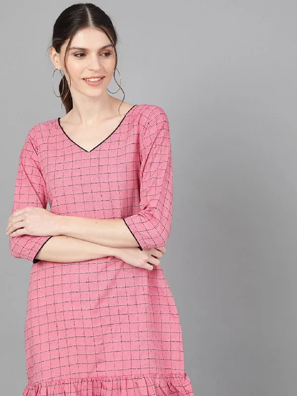 Women's  Pink & Black Checked Drop-Waist Dress - AKS