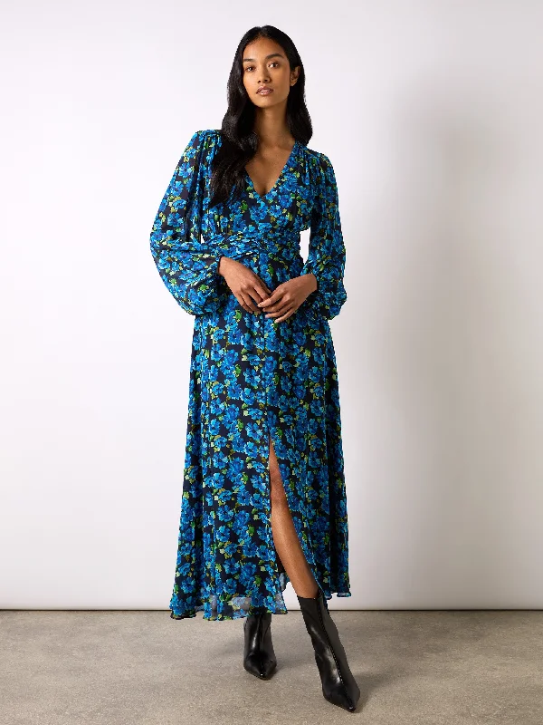 Blue Floral Print Ruched Waist Dress