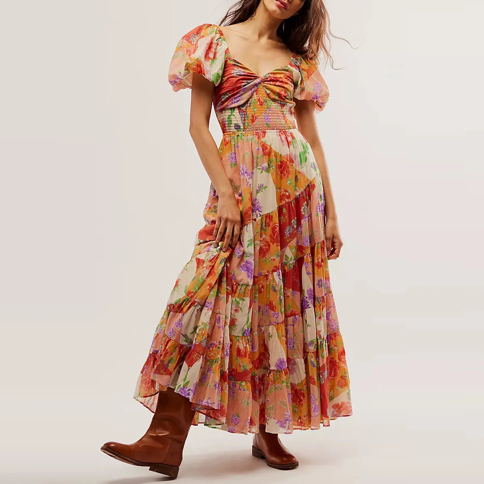 Waist A-Line Neck Tunic Short Puff Sleeve Floral Printed Maxi Boho Dress