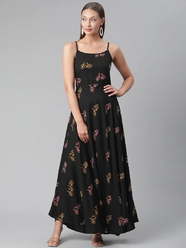 Women's Black Rayon Long Dress - Divena