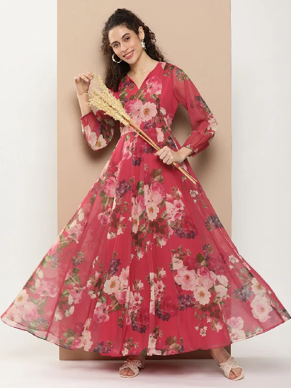 Women's Fuchsia Printed Long Dress With Waist Belt - Bhama Couture