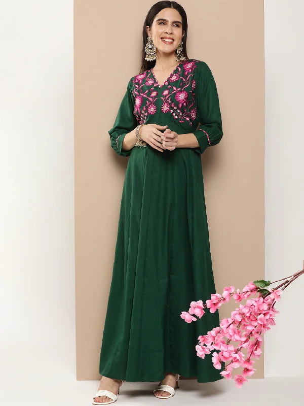 Women's Green Embroidered Long Dress With Waist Belt - Bhama Couture