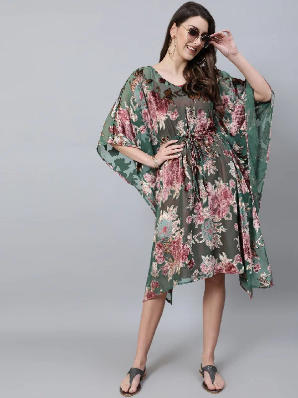 Women's Green Floral Print Kaftan Dress with Waist Tie-Up - Aks