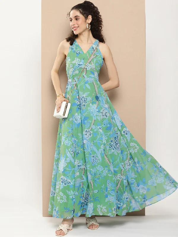 Women's Green Printed Long Dress With Waist Belt - Bhama Couture