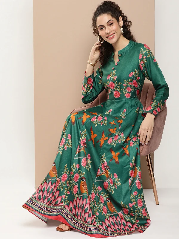 Women's Green Printed Long Dress With Waist Belt - Bhama Couture