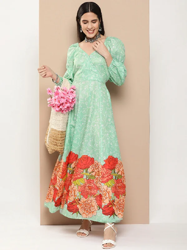 Women's Green Printed Long Dress With Waist Belt - Bhama Couture