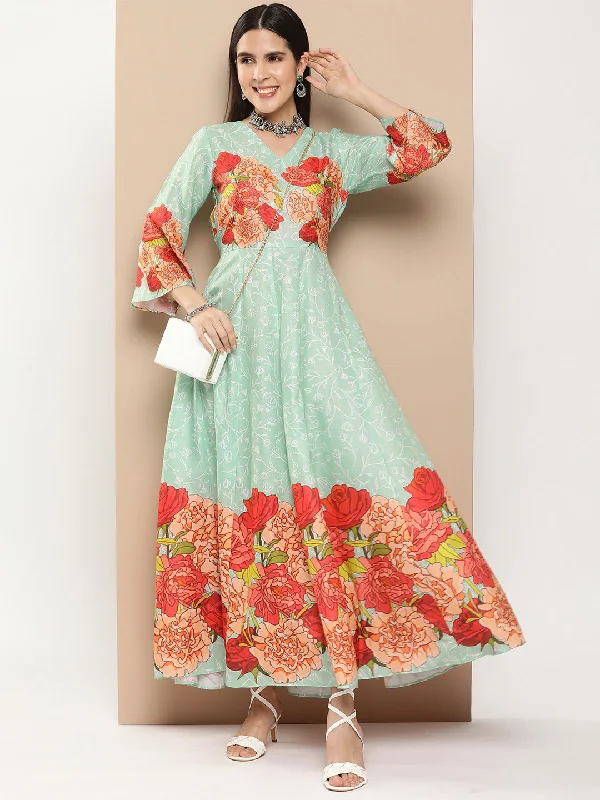 Women's Green Printed Long Dress With Waist Belt - Bhama Couture