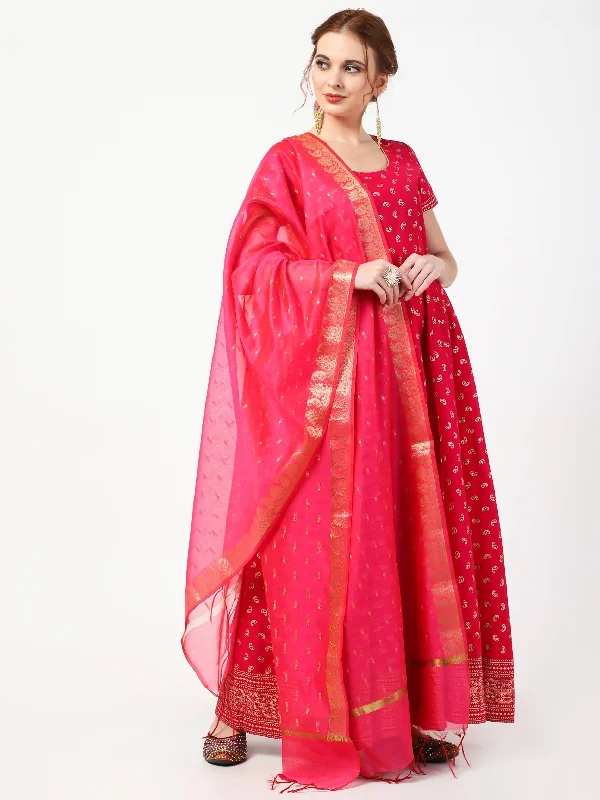 Women's Deep Pink Cotton & Silk Hand Block Print Long Dress With Silk Dupatta Set - Cheera