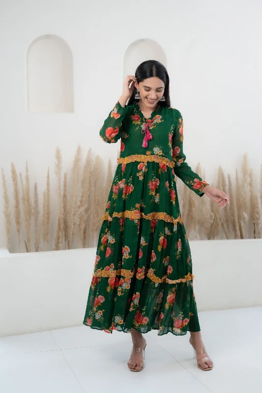 Women’s Green Floral Printed Long Dress by Myshka- 1 pc set