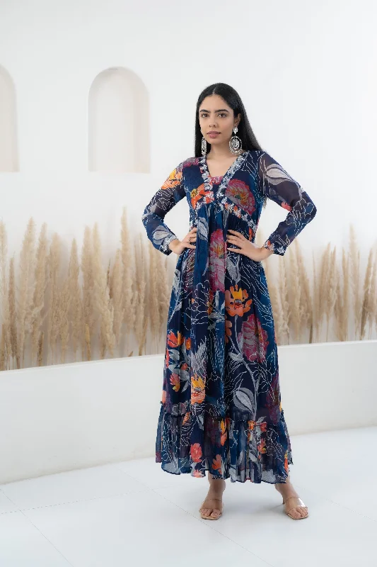 Women’s Blue Floral Printed Long Dress by Myshka- 1 pc set