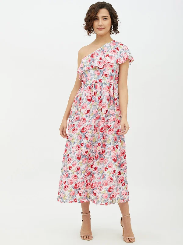 Women's Floral One shoulder Polyester Crepe Long dress - StyleStone