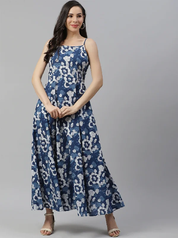 Women's Indigo Print Cotton Long Dress  - Wahenoor