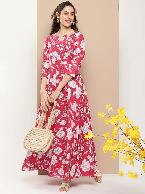 Women's Pink Printed Long Dress With Waist Belt - Bhama Couture