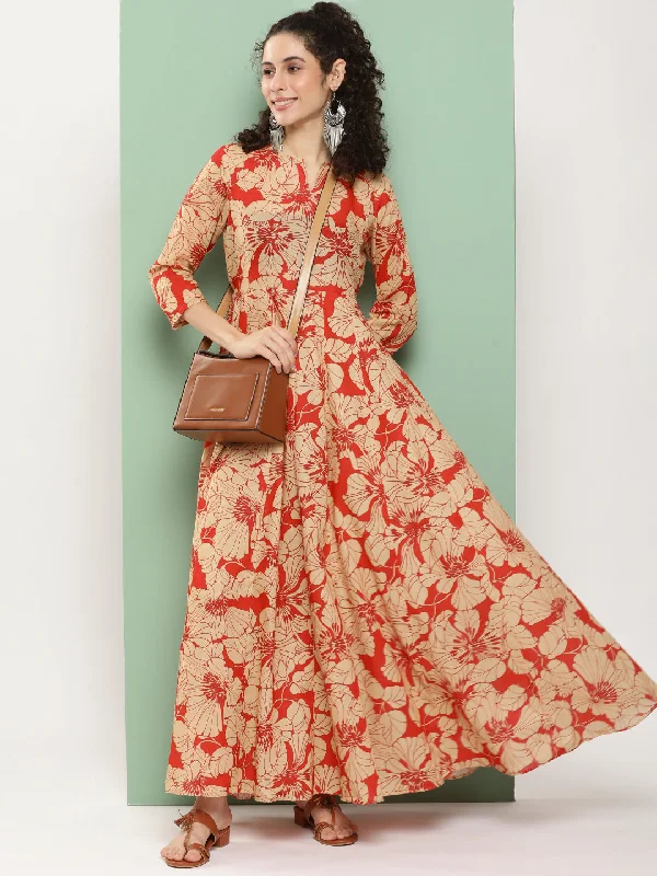 Women's Red Printed Long Dress With Waist Belt - Bhama Couture