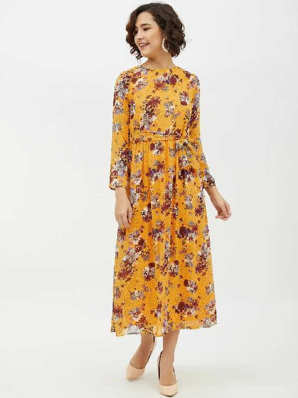 Women's Yellow Printed Floral Long Dress - StyleStone