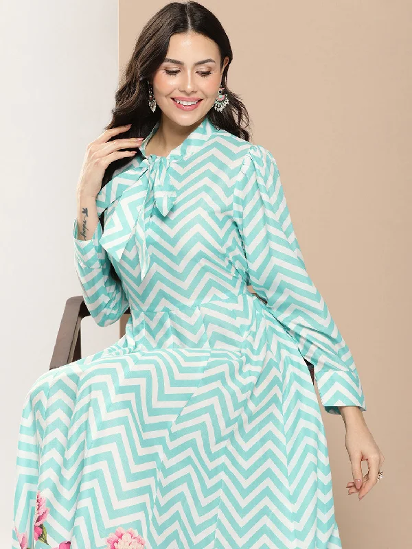 Women's Turquoise Blue Printed Long Dress With Tie-Up Neck - Bhama Couture