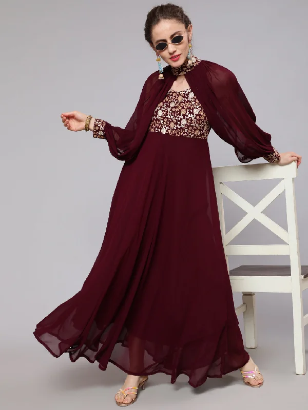 Women's Wine Embroidered Flared Dress With Cape Sleeve - Aks