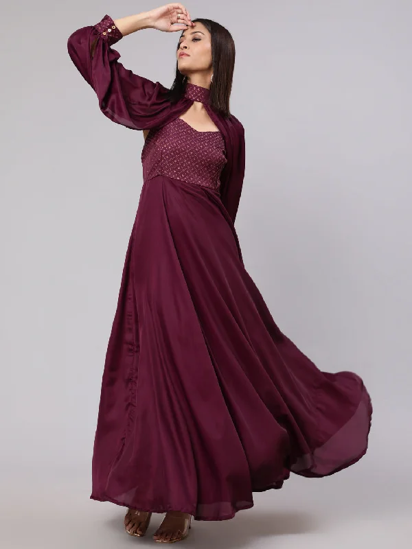 Women's Burgundy Gold Printed Flared Dress With Cape Sleeve - Aks