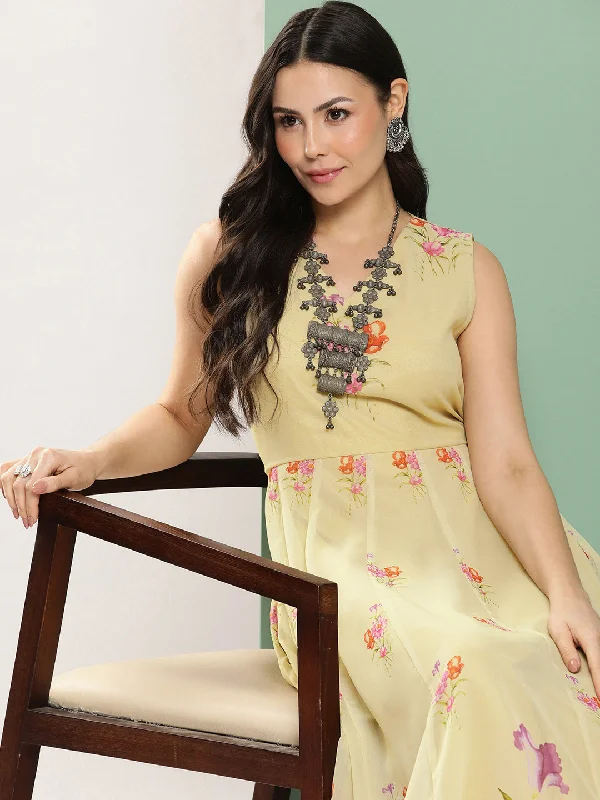 Women's Yellow Printed Long Dress V-Neck With Lace Details - Bhama Couture