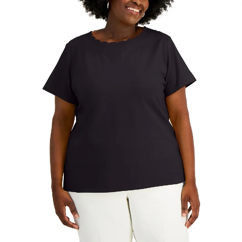 Anne Klein Womens Plus Scalloped Short Sleeve T-Shirt