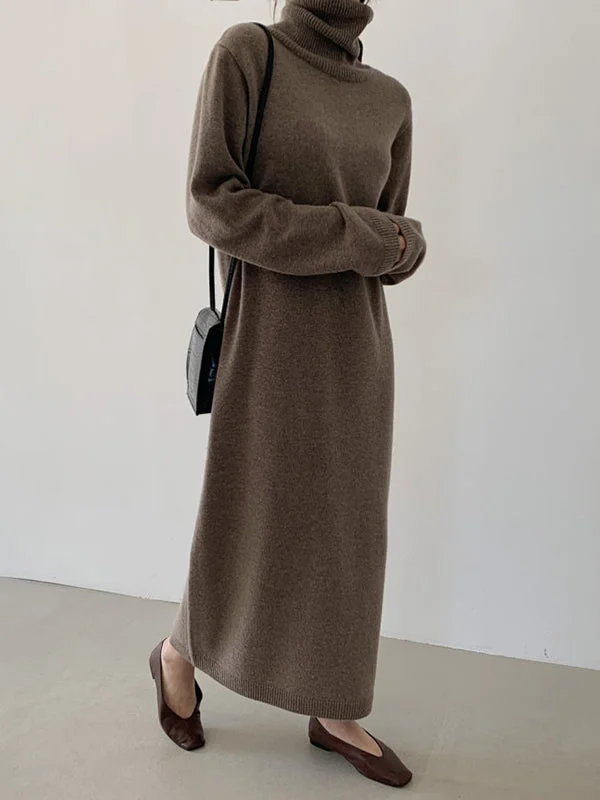 Casual Khaki High-Neck Long Sleeve Sweater Dress AN1061