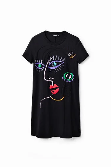 Desigual arty face T-shirt dress in black