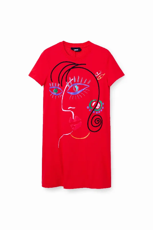 Desigual arty face T-shirt dress in red