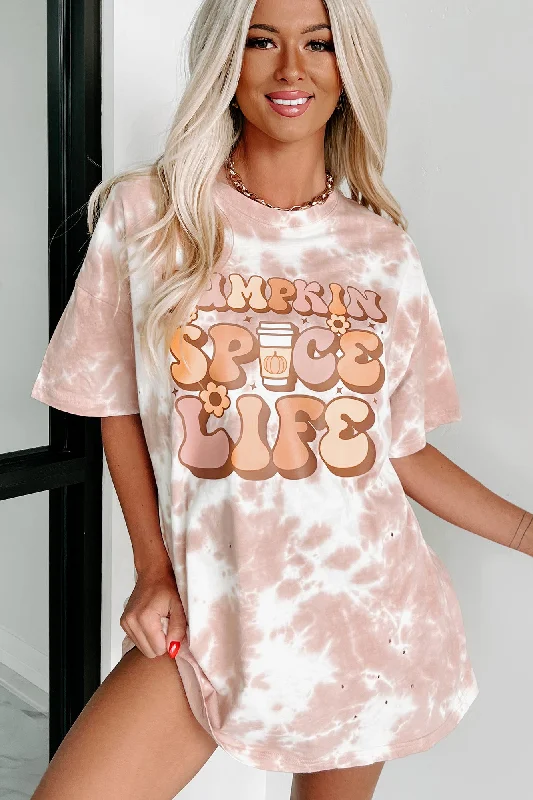 Doorbuster "Pumpkin Spice Life" Oversized Distressed Tie-Dye Graphic T-Shirt (Pastel Pink) - Print On Demand