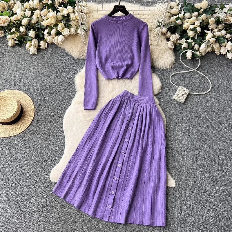 knitted fashion suit for women round neck T-shirt + pleated skirt   S4580