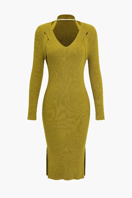 Basic Solid Crossed Long Sleeve Sweater Midi Dress