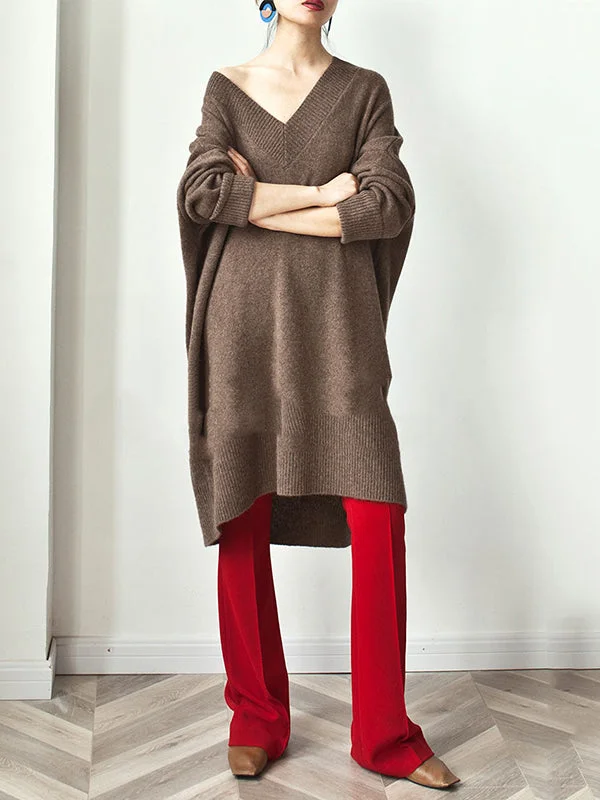 Stylish Loose Camel V-Neck Long Sleeve Sweater Dress QX006