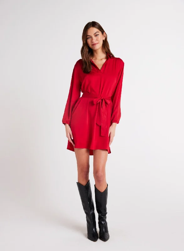 Belted Pullover Shirt Dress - Cherry Red