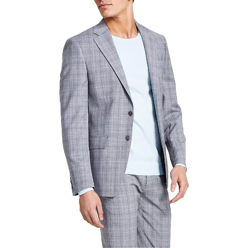 Calvin Klein Mens Malbin Plaid Wool Two-Button Blazer