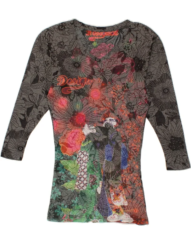 DESIGUAL Womens Graphic Long Sleeve T-Shirt Dress UK 12 Medium Grey Floral