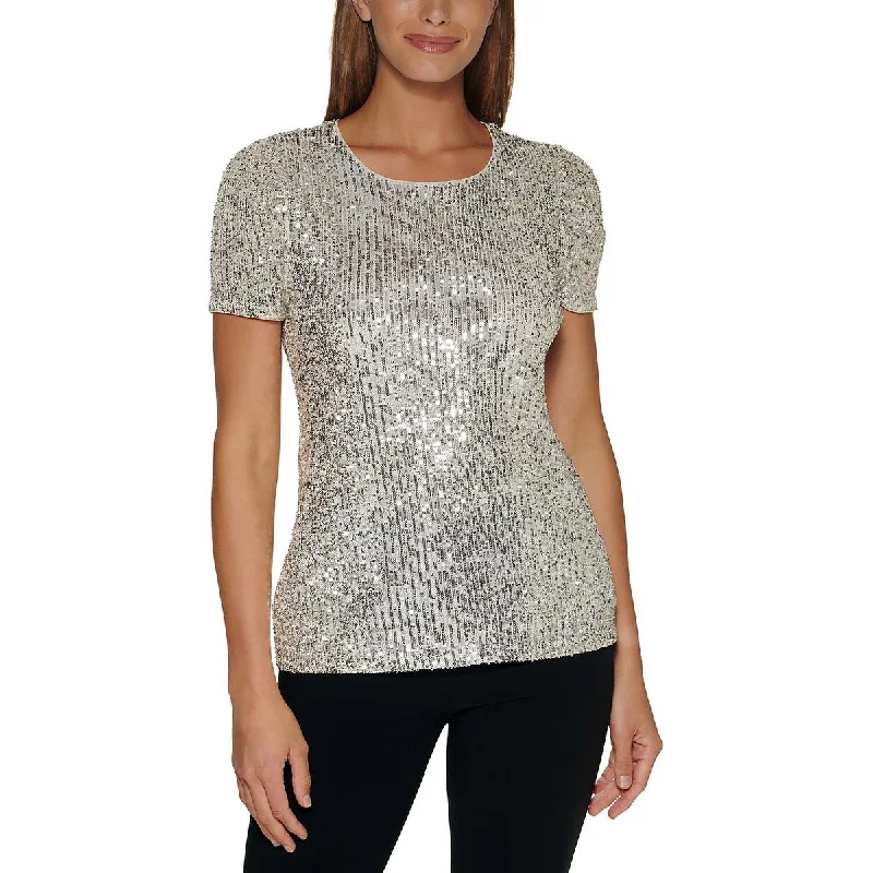 DKNY Womens Sequined Cap Sleeve Pullover Top