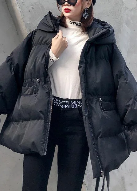 Elegant Loose fitting winter jacket drawstring coats black hooded women parka