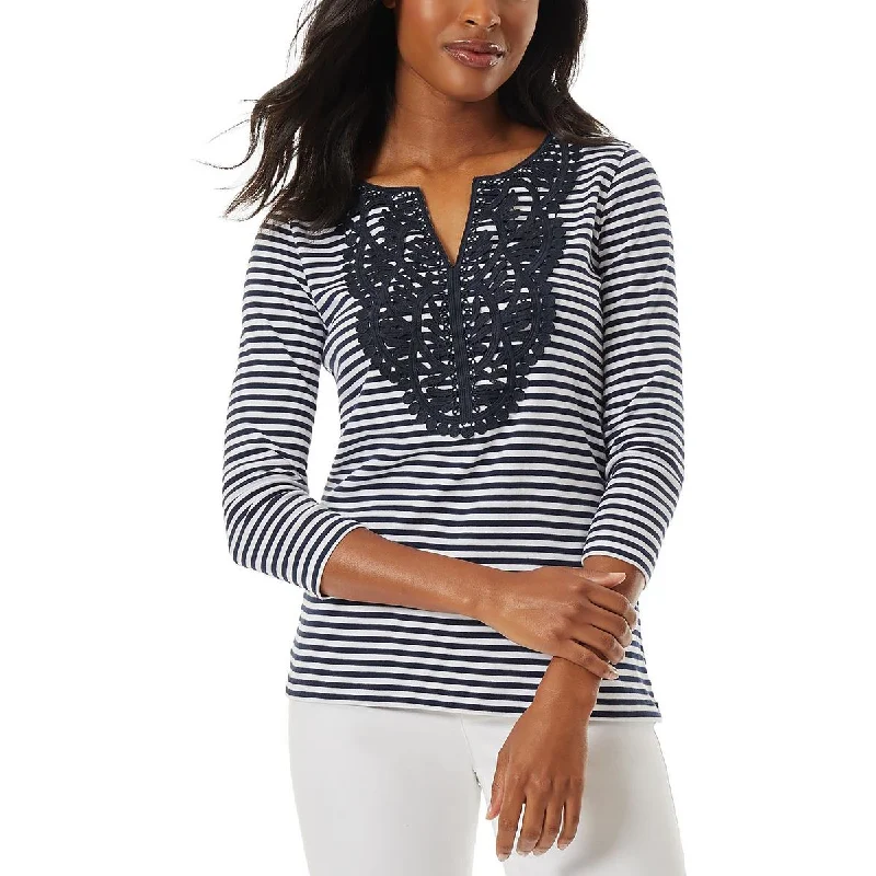 Jones New York Womens Striped Lace Trim Pullover Top