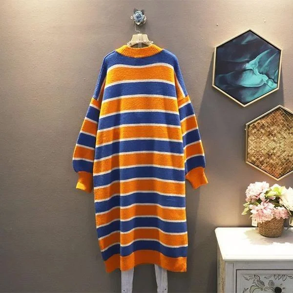 Knitting Stripe Splicing Dress Contrast Color Casual Collar Pullover Loose Dress