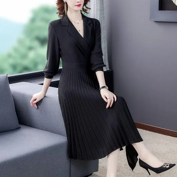 long sleeve plus size black for women casual loose spring autumn Wrap Pleated blazer dress