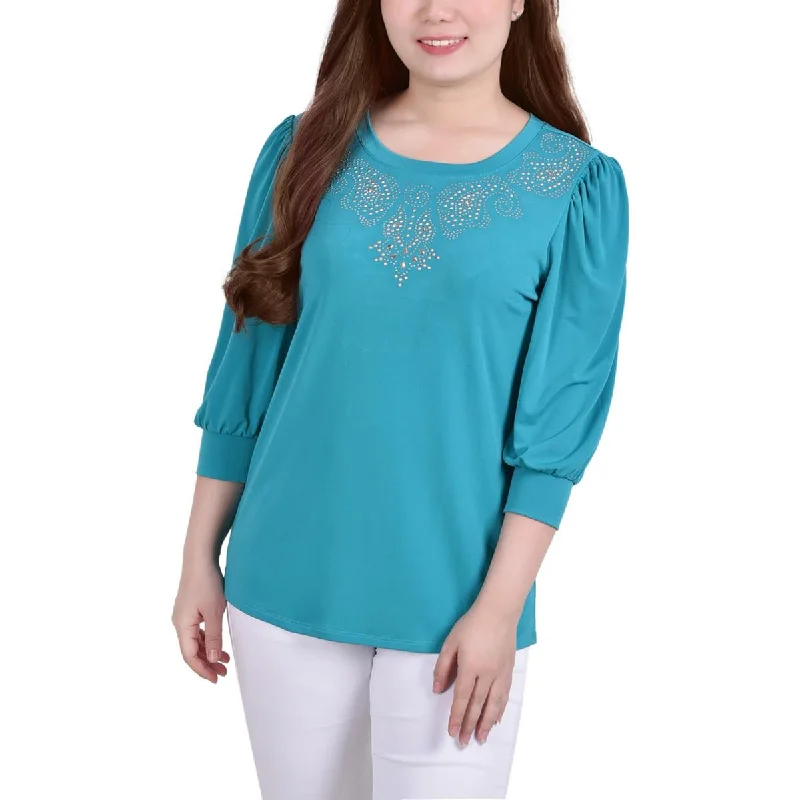 Notations Womens Petites Embellished 3/4 Sleeve Pullover Top