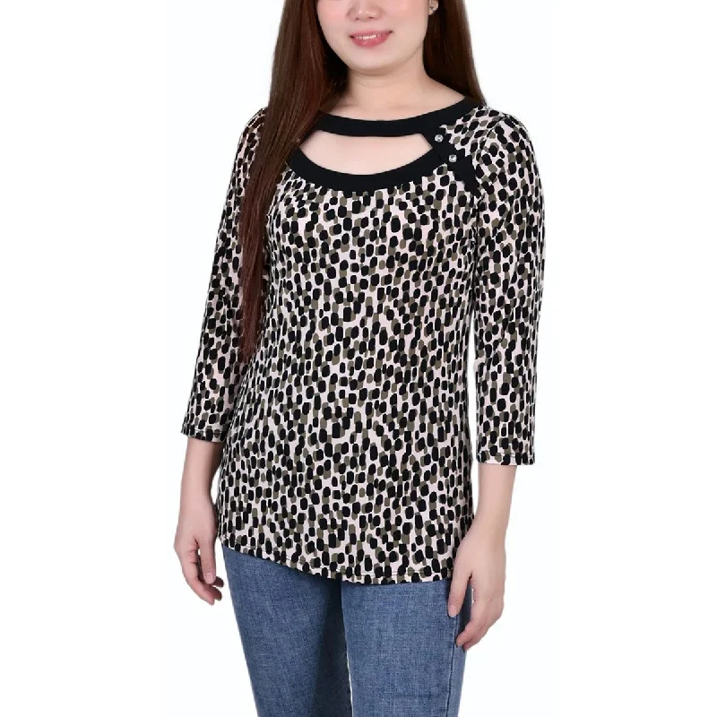 NY Collection Womens Petites Printed Cut-Out Pullover Top