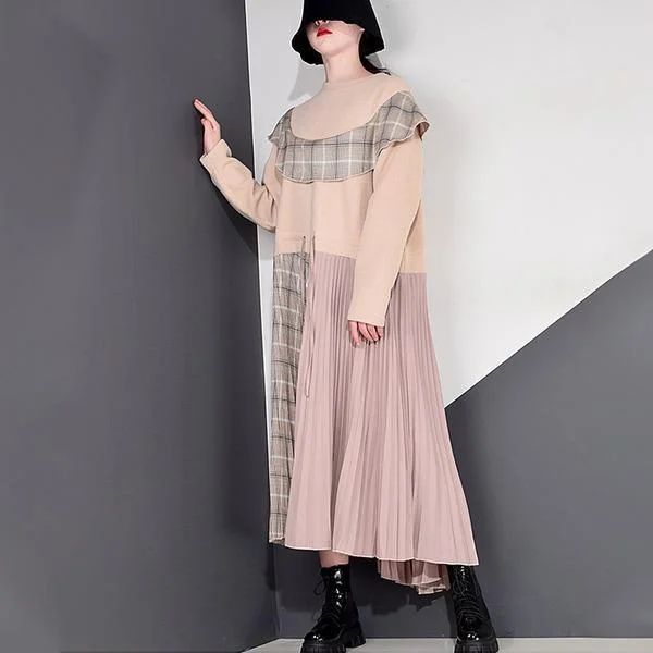 Patchwork Plaid Pleated Dress Women Winter Trendy Fashion New Style O Neck Pullover