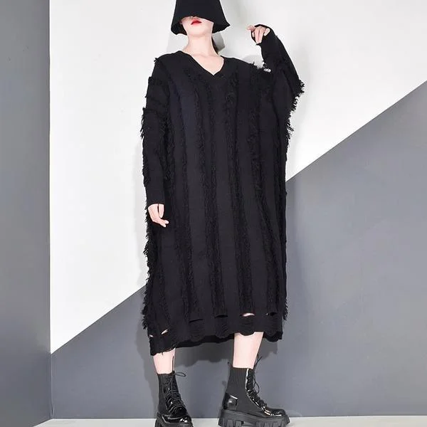 Patchwork Tassel Dress Women Casual Tide Fashion Hollow Out V Neck Collar Long Batwing Sleeve Pullover