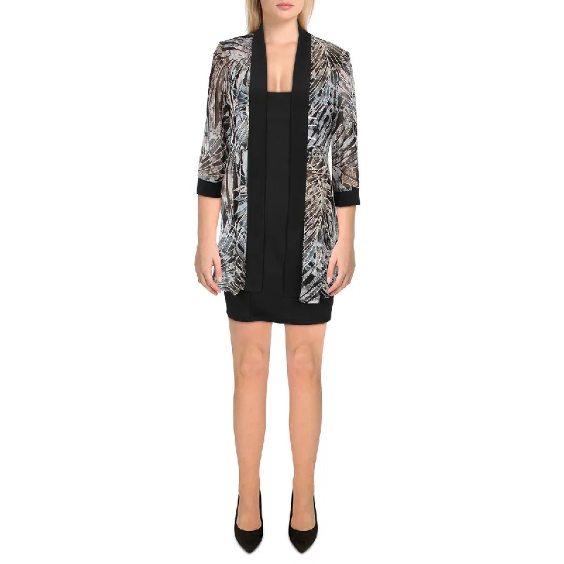 R&M Richards Womens Petites Mesh Printed Duster Blazer