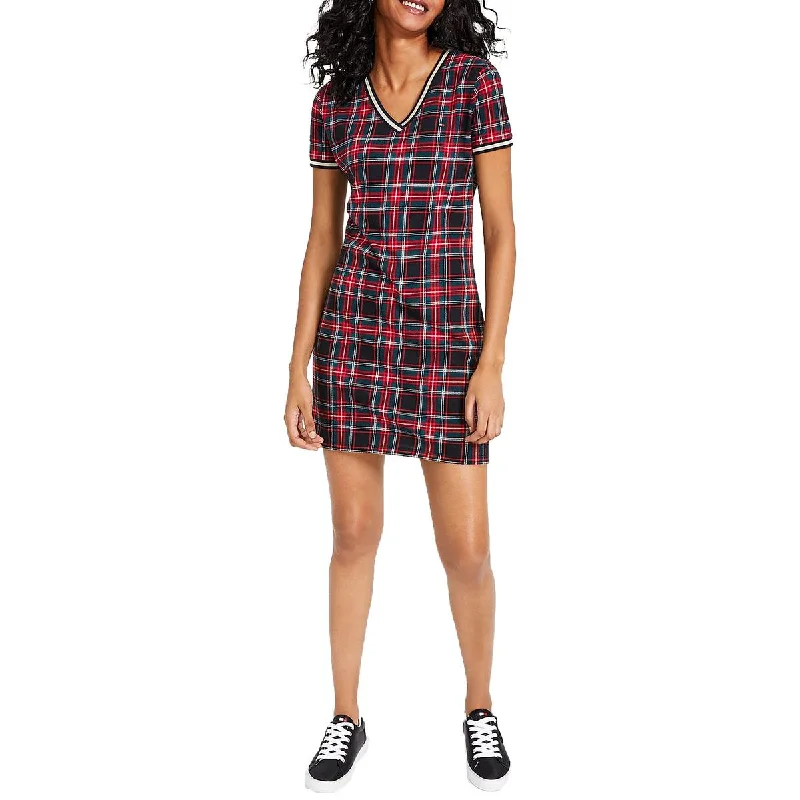 Tommy Hilfiger Womens Metallic Trim Plaid T-Shirt Dress