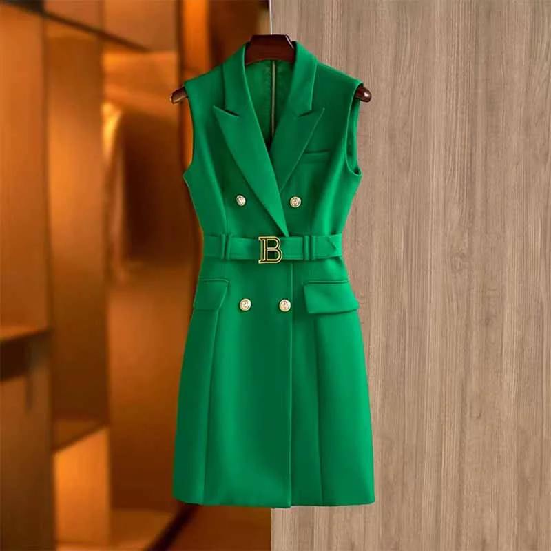 Womens belted sleeveless blazer mini dress double breasted dress